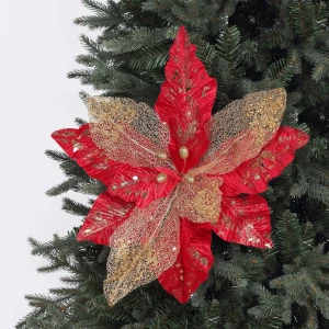 88449652 Новогоднее украшение Цветок искусственный 38x51 см цвет красно-золотой STLM-1446022