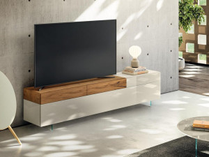 Деревянный и стеклянный шкаф для телевизора с ящиками