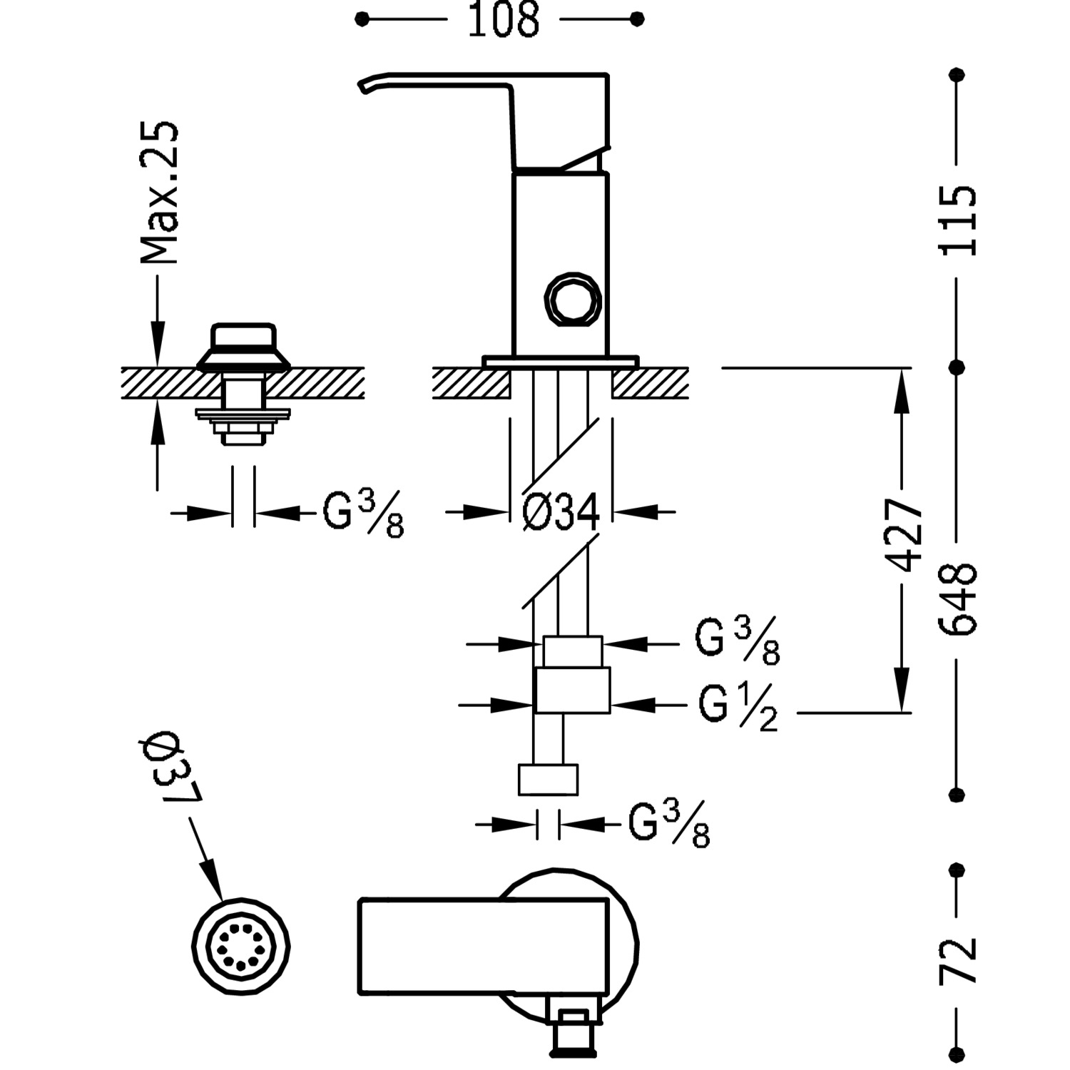 Смеситель для биде CUADRO с одной ручкой и маленькой насадкой для душа-00613001 TRES  - Вид №1