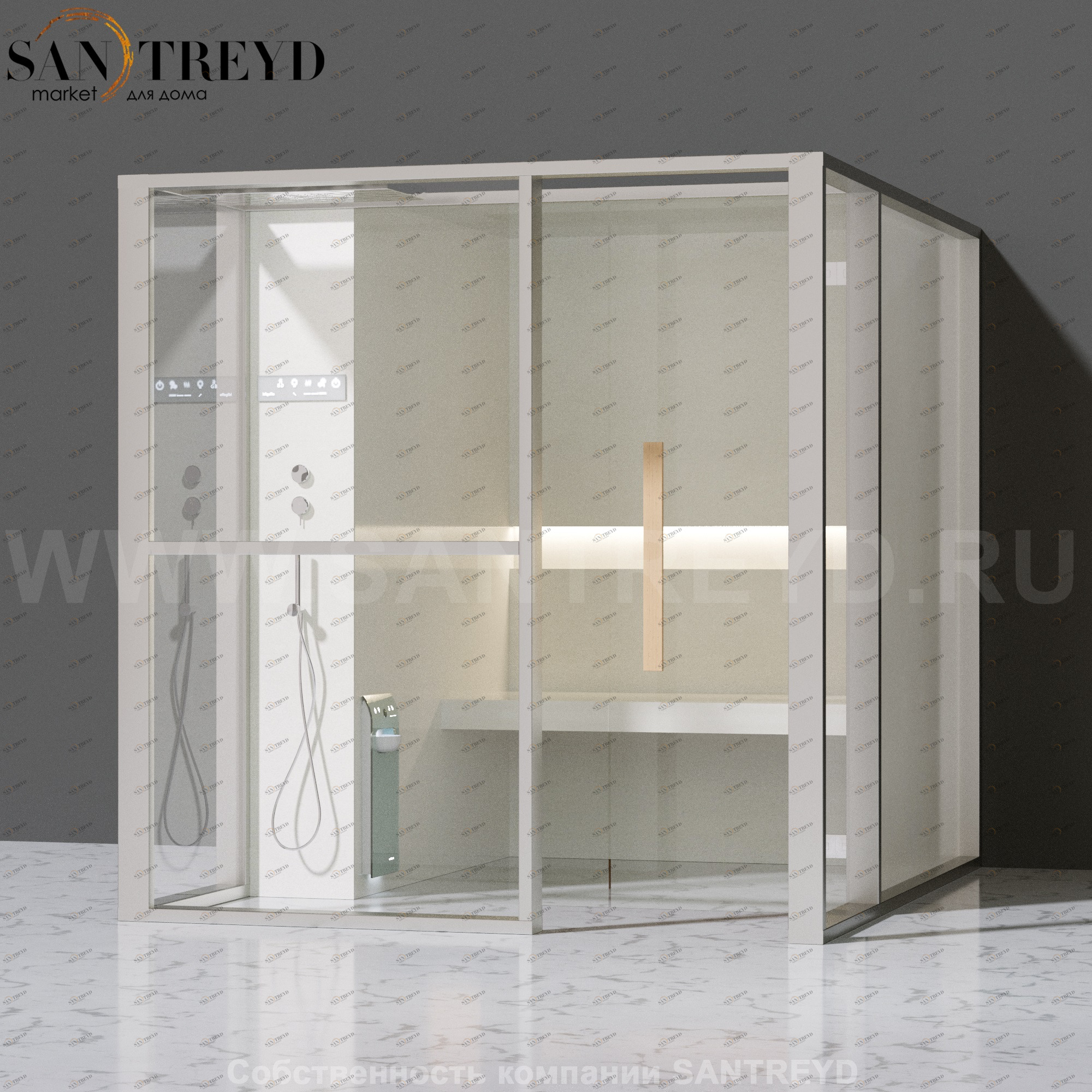 Effegibi LOGICAFILO H LO31020002 Хаммам. Установка: к стене. Левая дверь. Мощность: 4,5 кВт макс. Размеры: длина 214 см, ширина 250 см. Отделка: матовый лакированный белый аллюминий и серый ламинат из керамогранита.