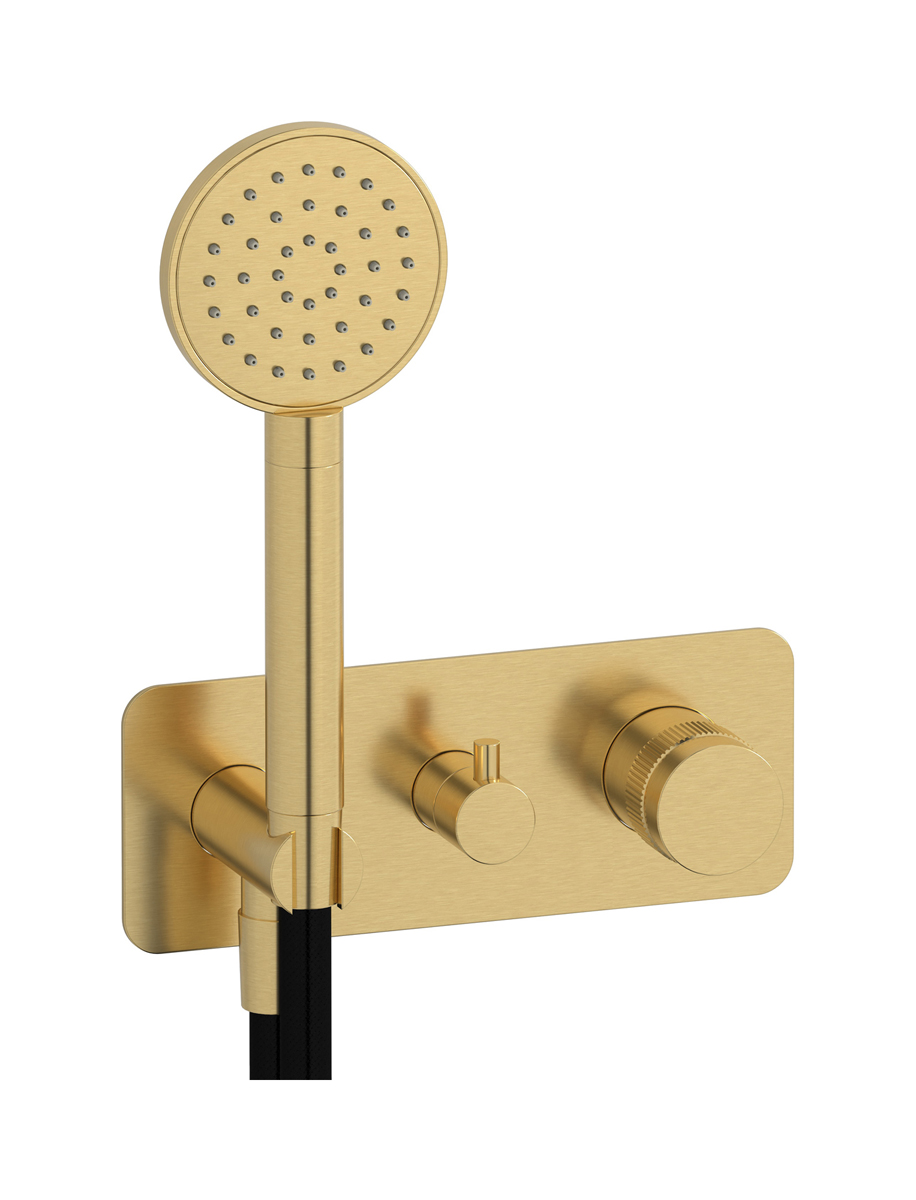Прогрессивный настенный смеситель для душа на 2 потребителя со встроенным душевым гарнитуром. WE ARE IB rx313os Brushed Gold Reflex
