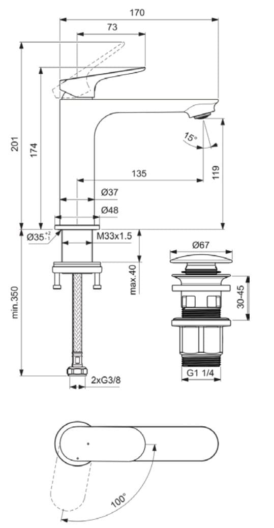 Однорычажный смеситель для раковины с автоматическим сливом Ideal Standard Ceralife O ARCH-00130995 - Вид №2