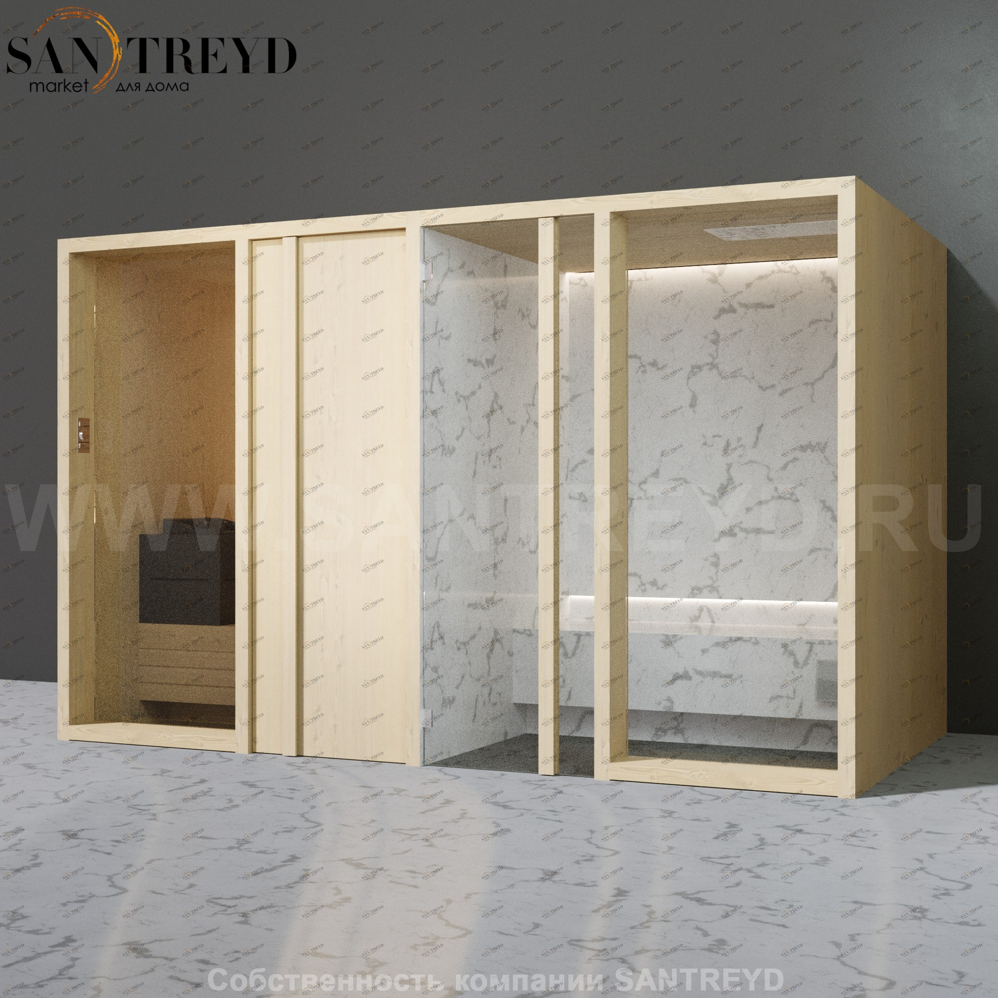 Effegibi YOKU.D SH YO.20110004 Комбинированная баня: хаммам и сауна. Установка: к стене Мощность: 10,5 кВт макс. Размеры: длина 342 см, ширина 170 см. Отделка: осина термообработанная и светлый керамогранит YO20110004