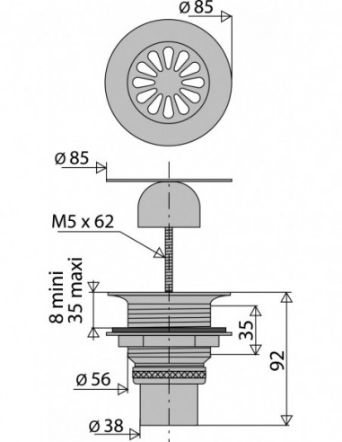310500 000 00  Сифон для душевого поддона Д. 60 мм, круглая решетка с центральным винтом, выход вертикальный Д. 38 мм под приварку, латунь Valentin Хром  - Вид №2