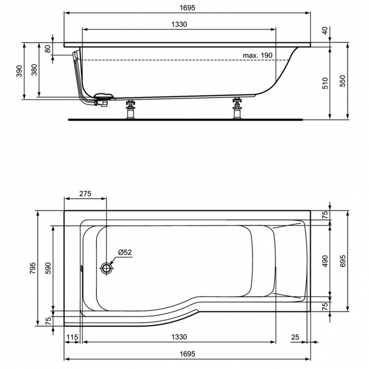 E113401 Асимметричная ванна 170х80 см Ideal Standard CONNECT AIR - Вид №3