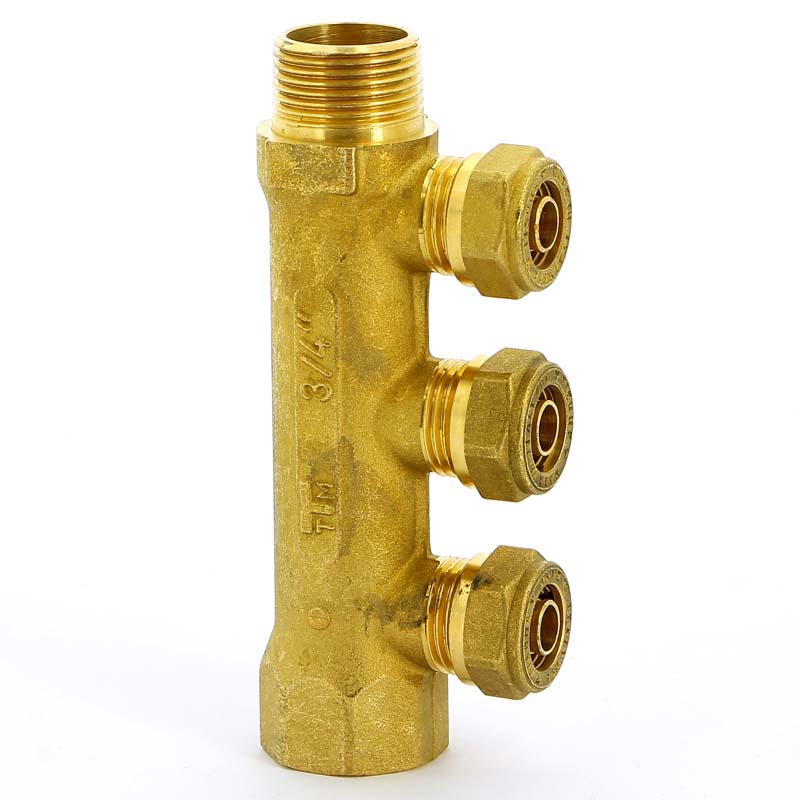 Коллектор НВ 3/4" с выходами для PE-X трубы TIEMME 3 выхода 15 обжим 36мм 1910006 - Вид №2