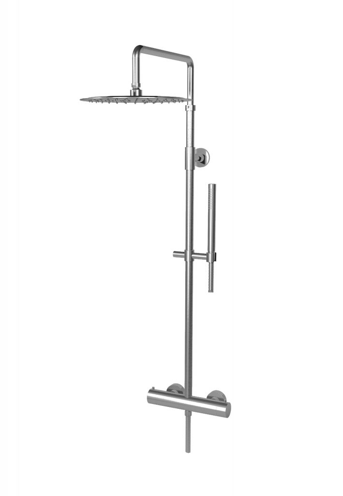 73547 / 0D Внешний термостатический смеситель для душа из матовой нержавеющей стали 316 с трубкой, переключателем, лейкой и ручным душем. Bongio Wellness 73547/0D