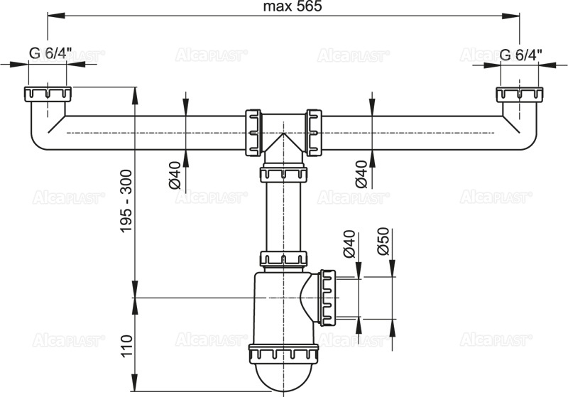 Сифон для сдвоенной мойки с накидными гайками 6/4" ALCAPLAST A448DN5040 - Вид №1