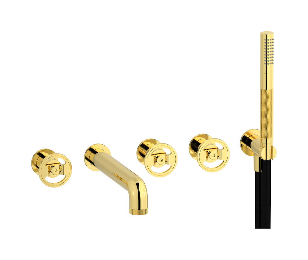 Настенный смеситель для ванной на 5 отверстий с дивертером и душевым гарнитуром. WE ARE IB b1398oo Gold Bold