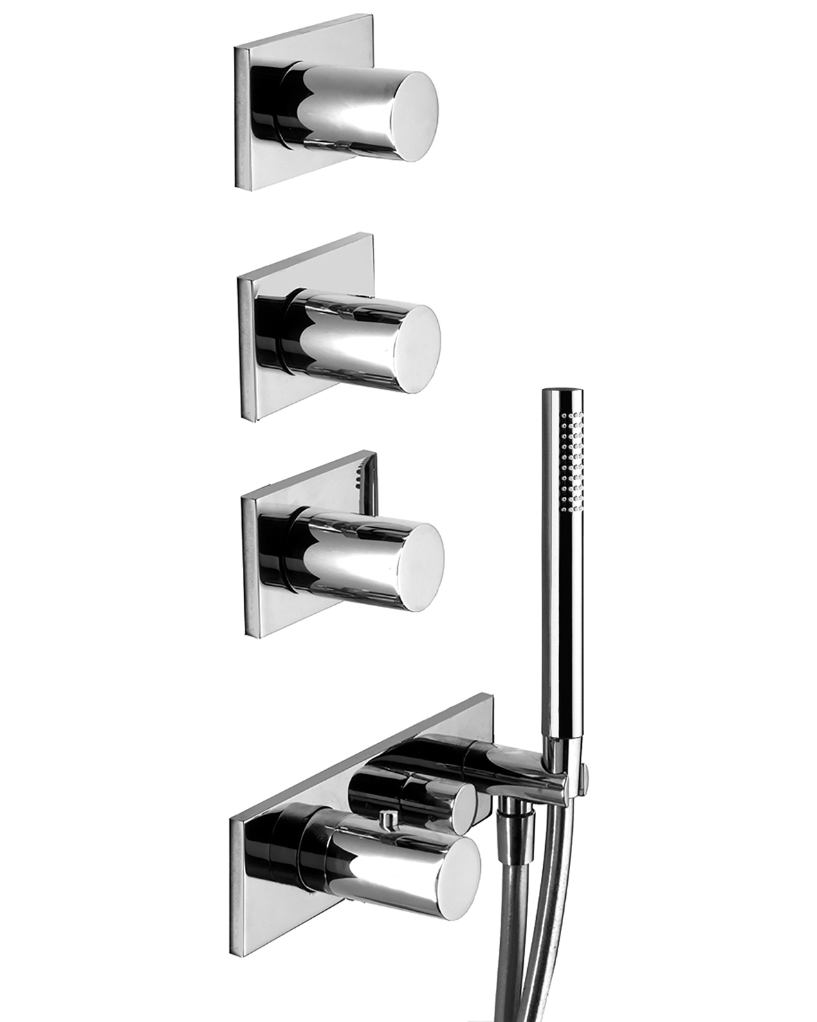 4714B+4714A  Термостатический встраиваемый смеситель для душа, 3/4''4 выпуска 3/4'' ручки ручная лейка SUN только для вертикальной установки шланговое подсоединение с держателем для ручной лейки гибкий шланг 150 см ПВХ впуски 3/4'' Звукоизолированные N.B Fantini Rubinetti 