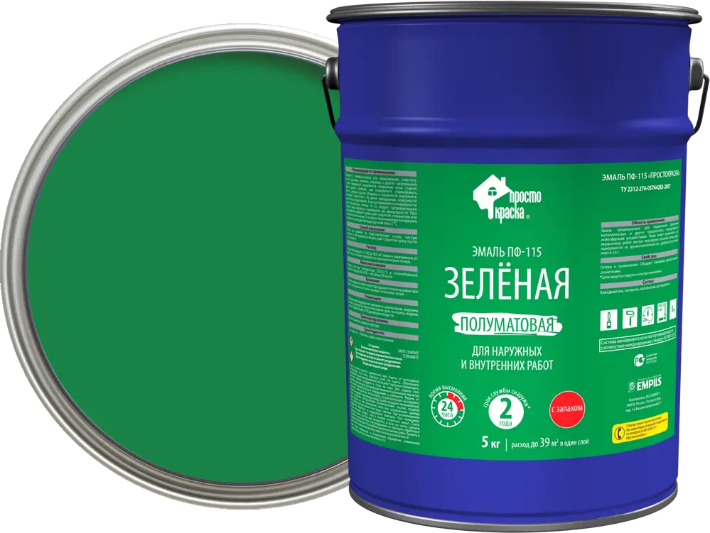 Эмаль ПРОСТОКРАСКА ПФ-115 зеленая для наружных и внутренних работ 5 кг 18522026