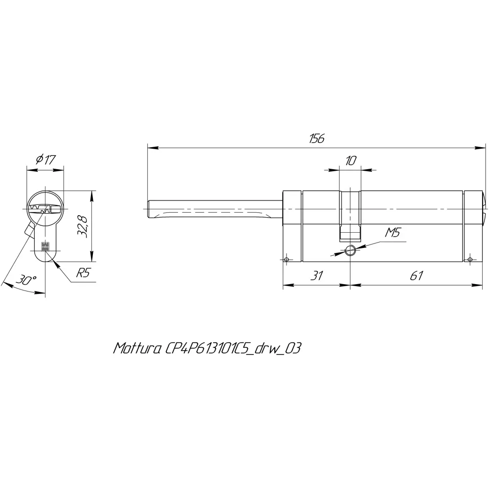 Цилиндр Mottura Champions Pro CP4P613101С5, 56x10x26 мм, ключ/шток, цвет матовый никель, без вертушки STLM-2118855 - Вид №4