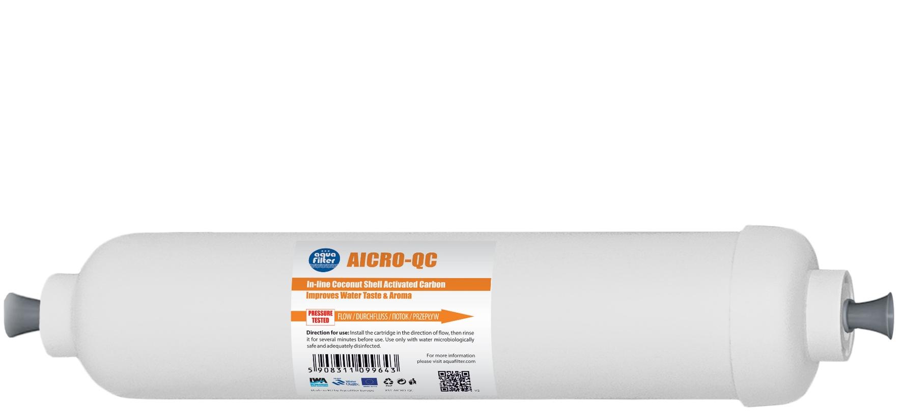 Линейный постфильтр с актив углём из скорлупы кокос орехов,  быстроразъёмное соединение Aquafilter AICRO-QC, 711 