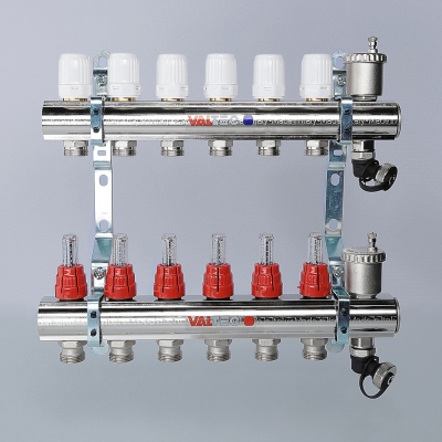 VTc.596.EMNX.0708 Коллекторный блок латунный с термостатическими клапанами и расходомерами Valtec 1 1/4", 8 x 3/4", "евроконус"  - Вид №8