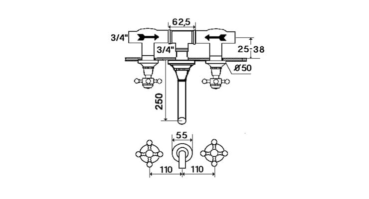 Настенный смеситель для ванны с 3 отверстиями rvb 1920-1921 ARCH-00145832 - Вид №2