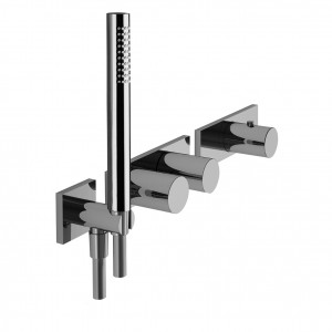 7312B+D212A  Термостатический встраиваемый смеситель для душа, 3/4''2 выпуска 3/4'' ручки ручная лейка SUN только для горизонтальной установки шланговое подсоединение с держателем для ручной лейки гибкий шланг 150 см ПВХ впуски 3/4'' Звукоизолированные N.