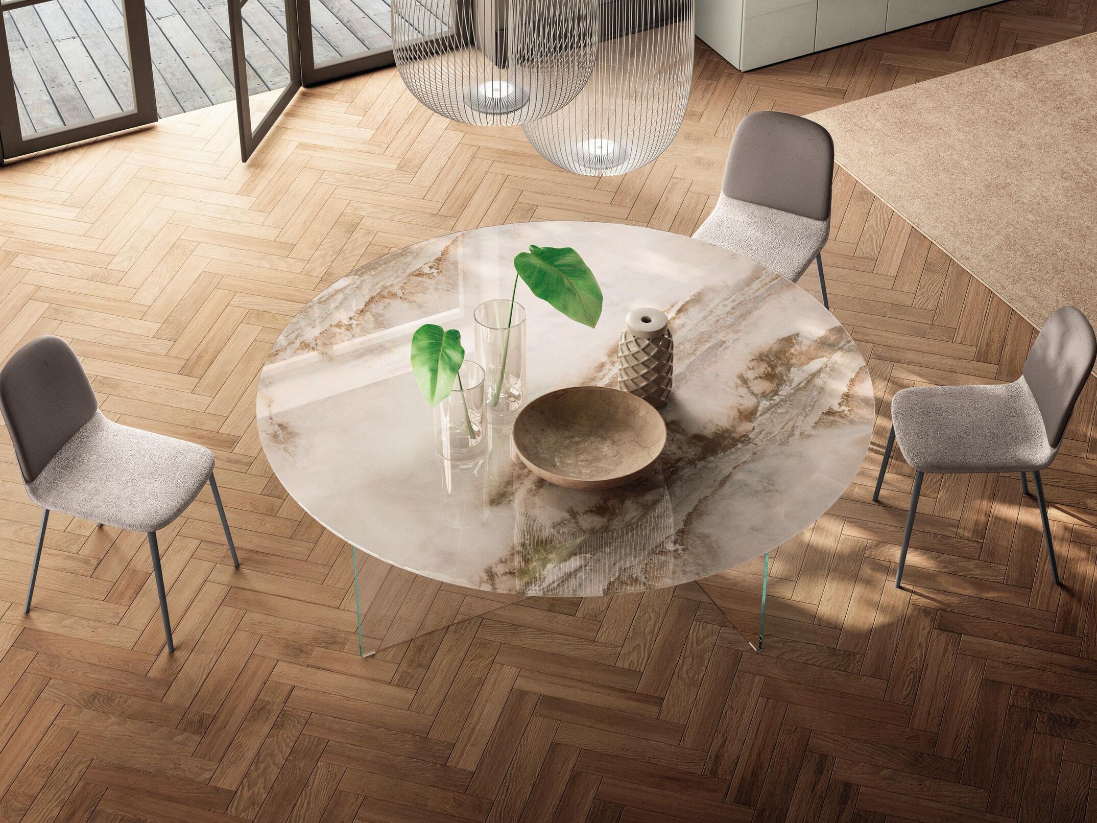 Круглый стол со стеклянным основанием и столешницей из XGlass с мраморным эффектом Lago AIR SLIM - 2260X ARCH-00130996 - Вид №1