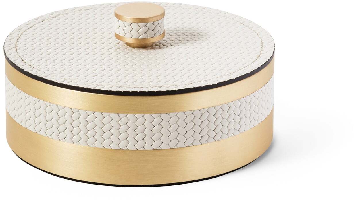 Шкатулка Saturno - Ø 15XH5,5 см / металл-финиш_сатин-латунь / ари-кожа_серо-коричневый