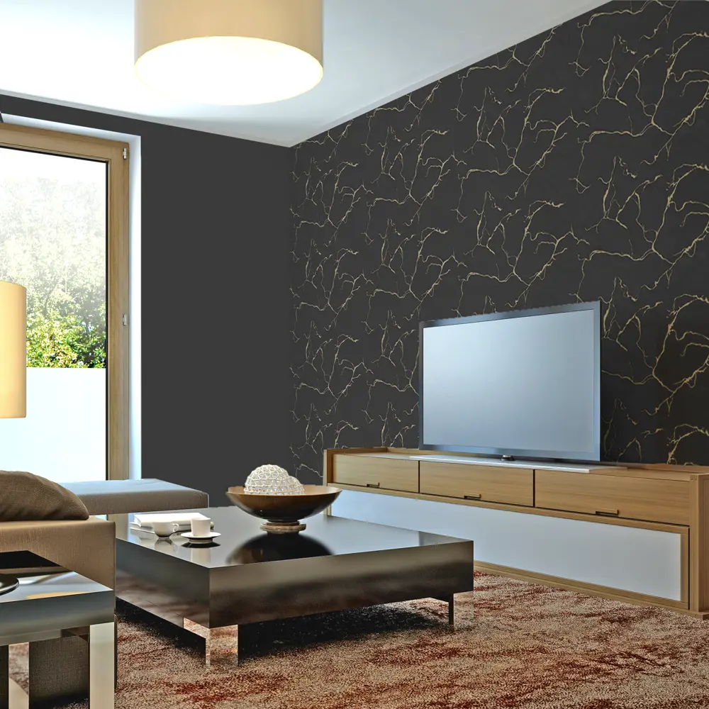 Московская обойная фабрика Тароко: черно-золотые флизелиновые обои с текстурой венецианской штукатурки 88994212 STLM-0831676 - Вид №3