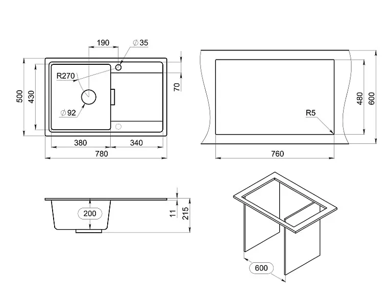 7804, ТУРМАЛИН, кухонная мойка, кварц GRANULA 7804-ST190 - Вид №3