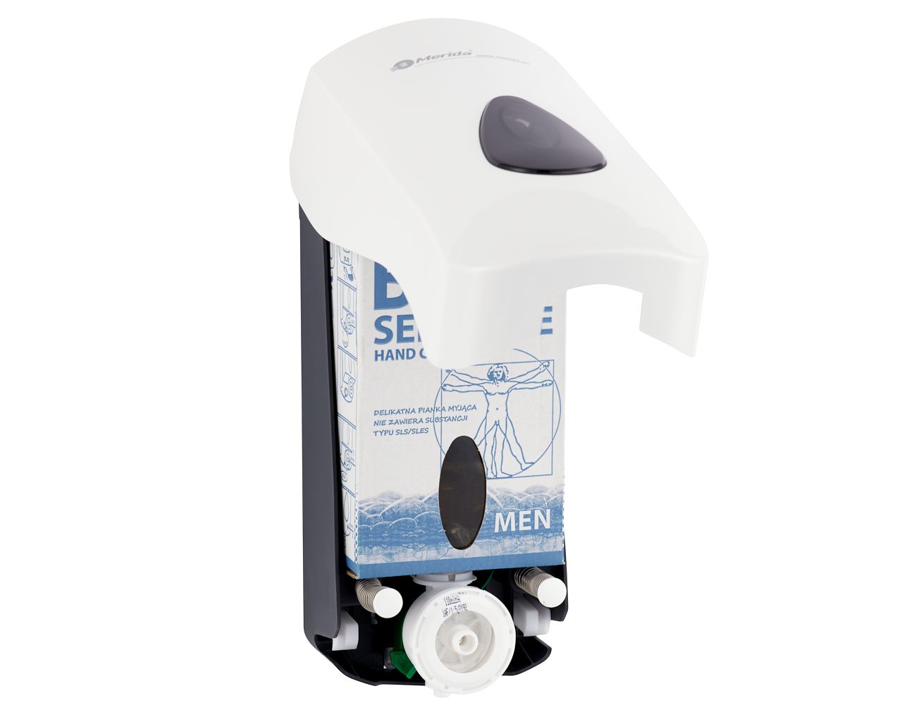 DTN201 Дозатор пенного мыла TOP MAXI на 700 г одноразовых блоков, АБС-пластик, белый, синее окошко Merida  - Вид №3