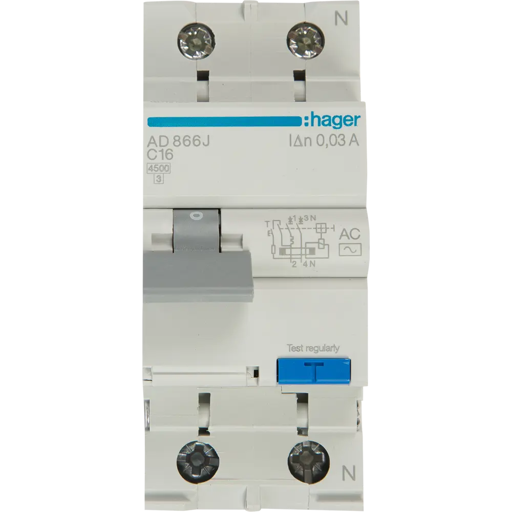 Дифференциальный автомат Hager AD866J 1P N C16 A 30 мА 4.5 кА AC STLM-2204165 - Вид №1