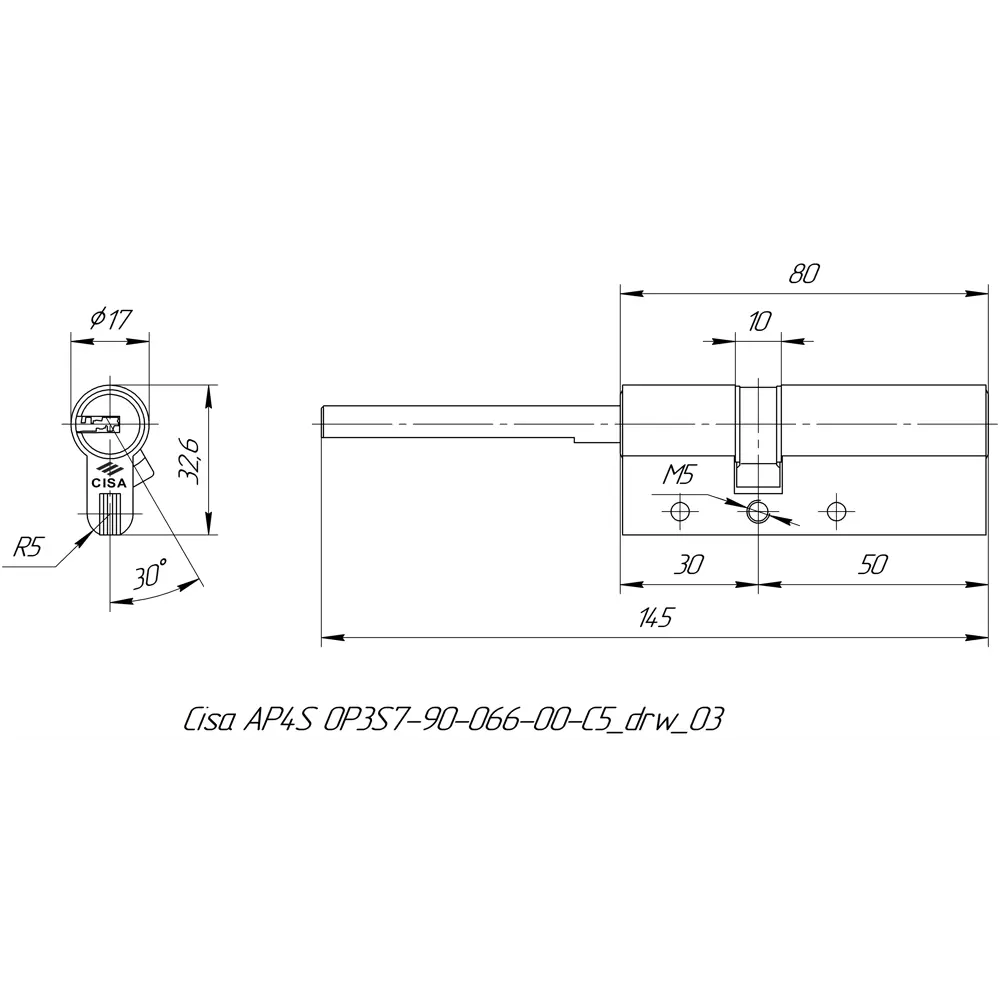 Цилиндр Cisa AP4S 0P3S7-90.66, 45x10x25 мм, ключ/шток, цвет латунь, без вертушки STLM-2066227 - Вид №4