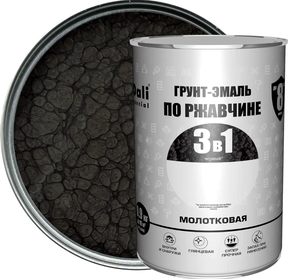 Грунт-эмаль Dali 3 в 1 молотковая чёрная для металла 0,9 кг 83372543