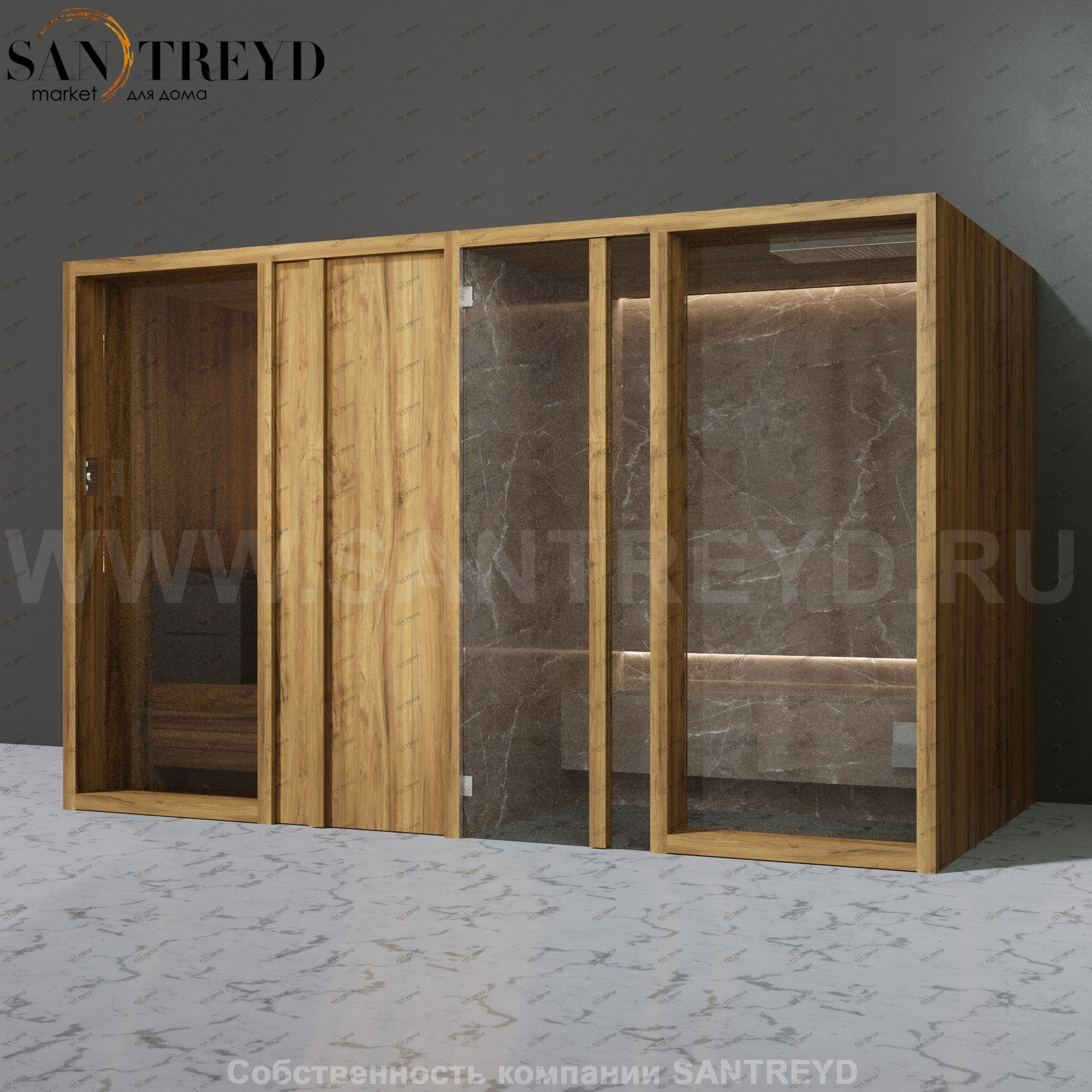 Effegibi YOKU.D SH YO.20220004 Комбинированная баня: хаммам и сауна. Установка: к стене Мощность: 10,5 кВт макс. Размеры: длина 342 см, ширина 170 см. Отделка: термообработанное дерево и темный керамогранит YO20220004