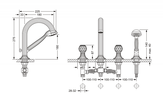 Смеситель для ванны на 4 отверстия ½“, монтаж на борт ванны JOERGER Cronos Crystal 637.40.100.000-AA - Вид №1