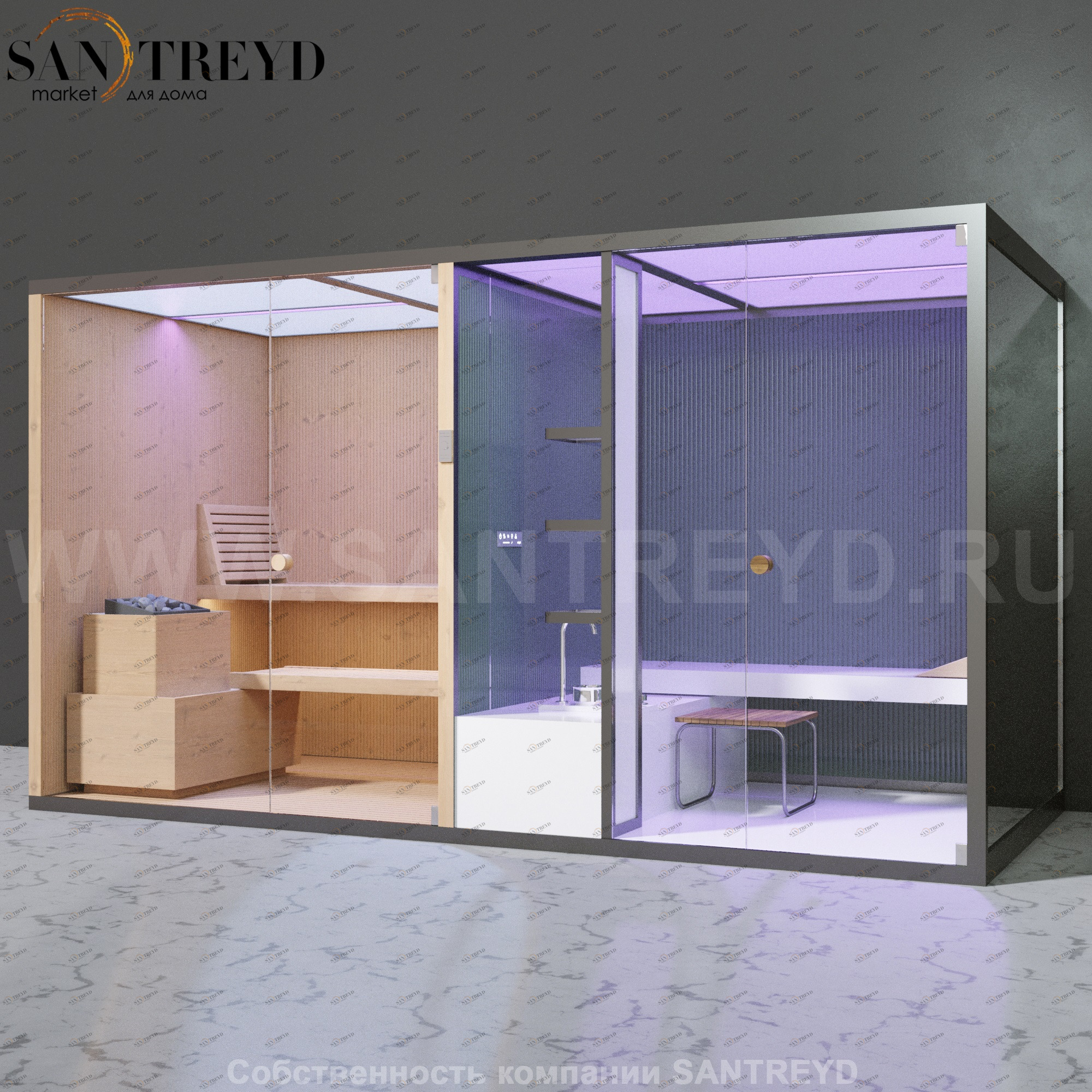 Effegibi BODYLOVE SH BL40140006 Фронтальная комбинированная баня: хаммам и сауна. Установка: к стене. Мощность: 15 кВт макс. Размеры: длина 393 см, ширина 176 см. Отделка: канадский хемлок, трубчатое стекло и гладкий хемлок.