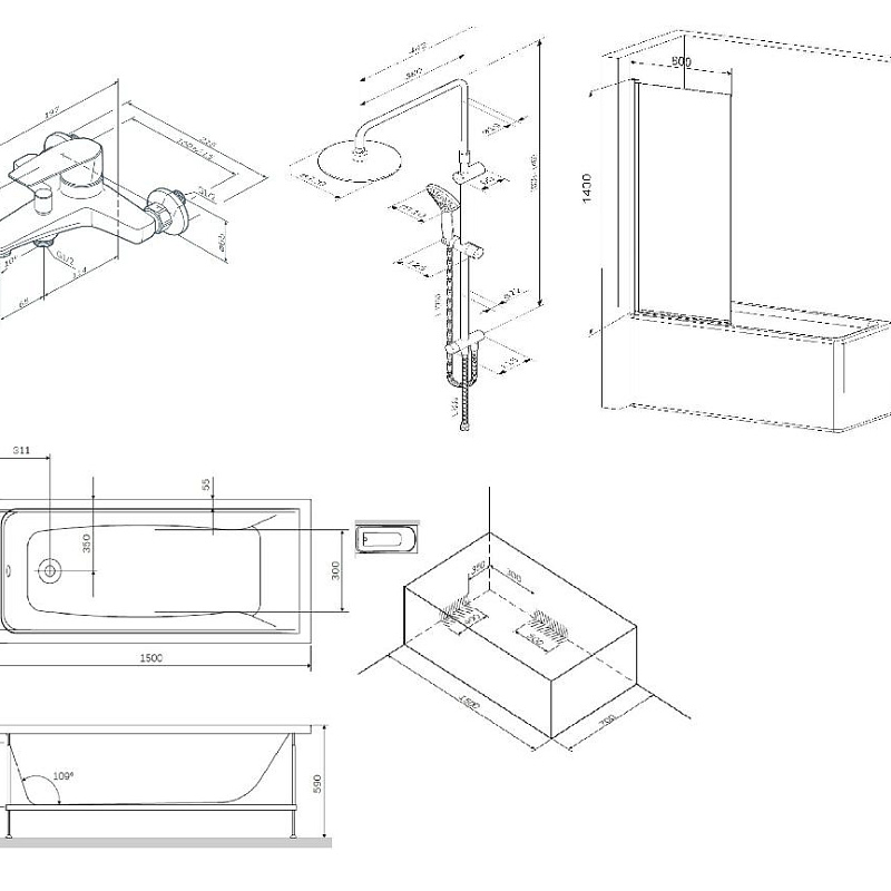 W90ASET-150D8 Ванна 150x70 с каркасом и шторкой на б/в W90BS-D080-140CT+ДС F0790000+F90A1000 AM.PM Gem - Вид №2