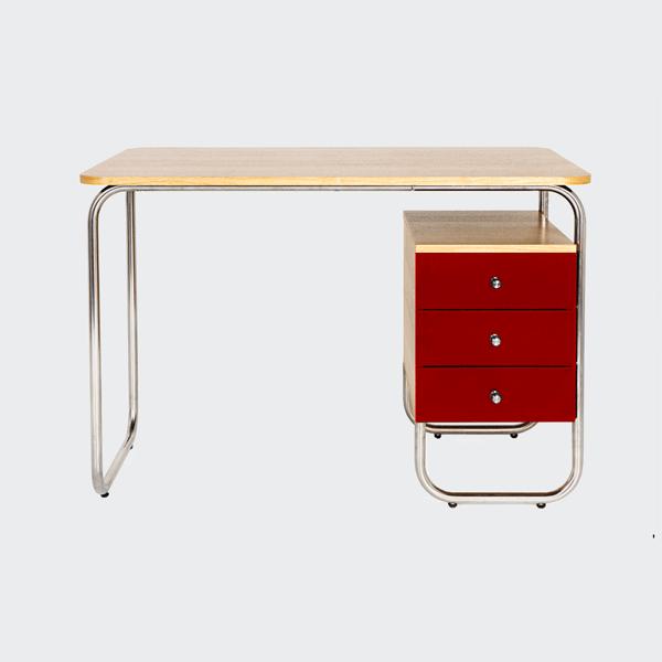 Стол рабочий письменный на металлических ножках с красной тумбой Bauhaus WOODI  00-3966079 Беленый дуб;бежевый;красный  - Вид №2