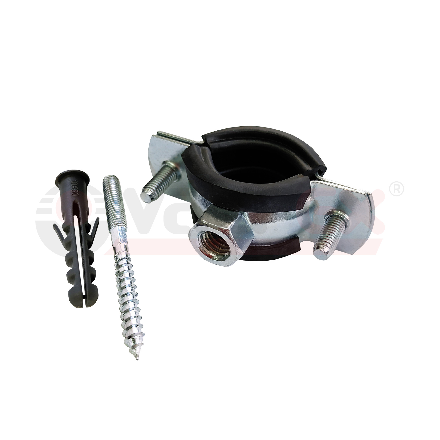 45WR-28 Valfex Хомут оцинкованный с резиновым уплотнением (в комплекте шпилька М8*80 и дюбель) Китай 