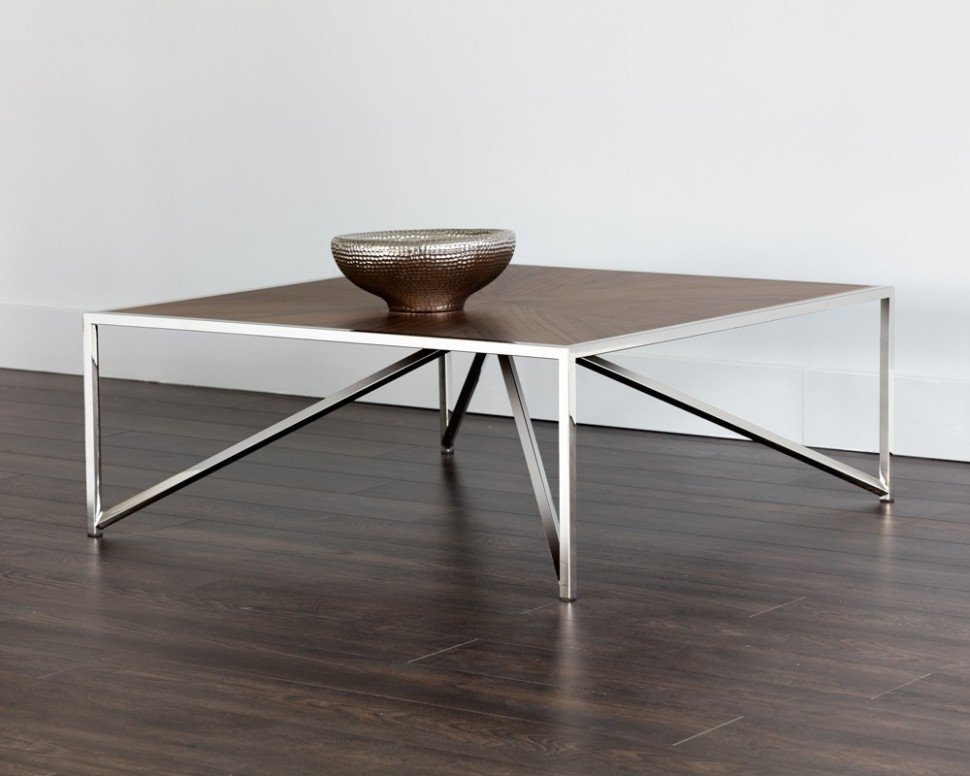 Журнальный столик квадратный хром с коричневым топом 100 см Rays ICON DESIGNE  178131 Коричневый  - Вид №1