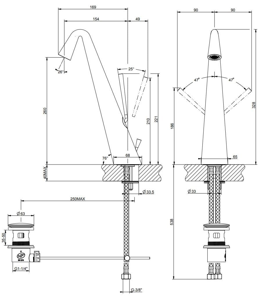 Смеситель для раковины из хромированной латуни Gessi конус ARCH-00036675 - Вид №3