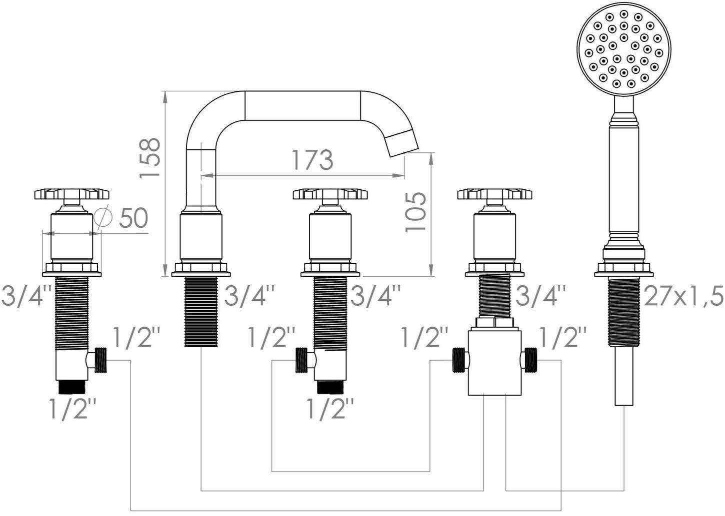 rvb Комплект для ванны на 5 отверстий с ручным душем Flamant factory 1960.--.70 - Вид №1