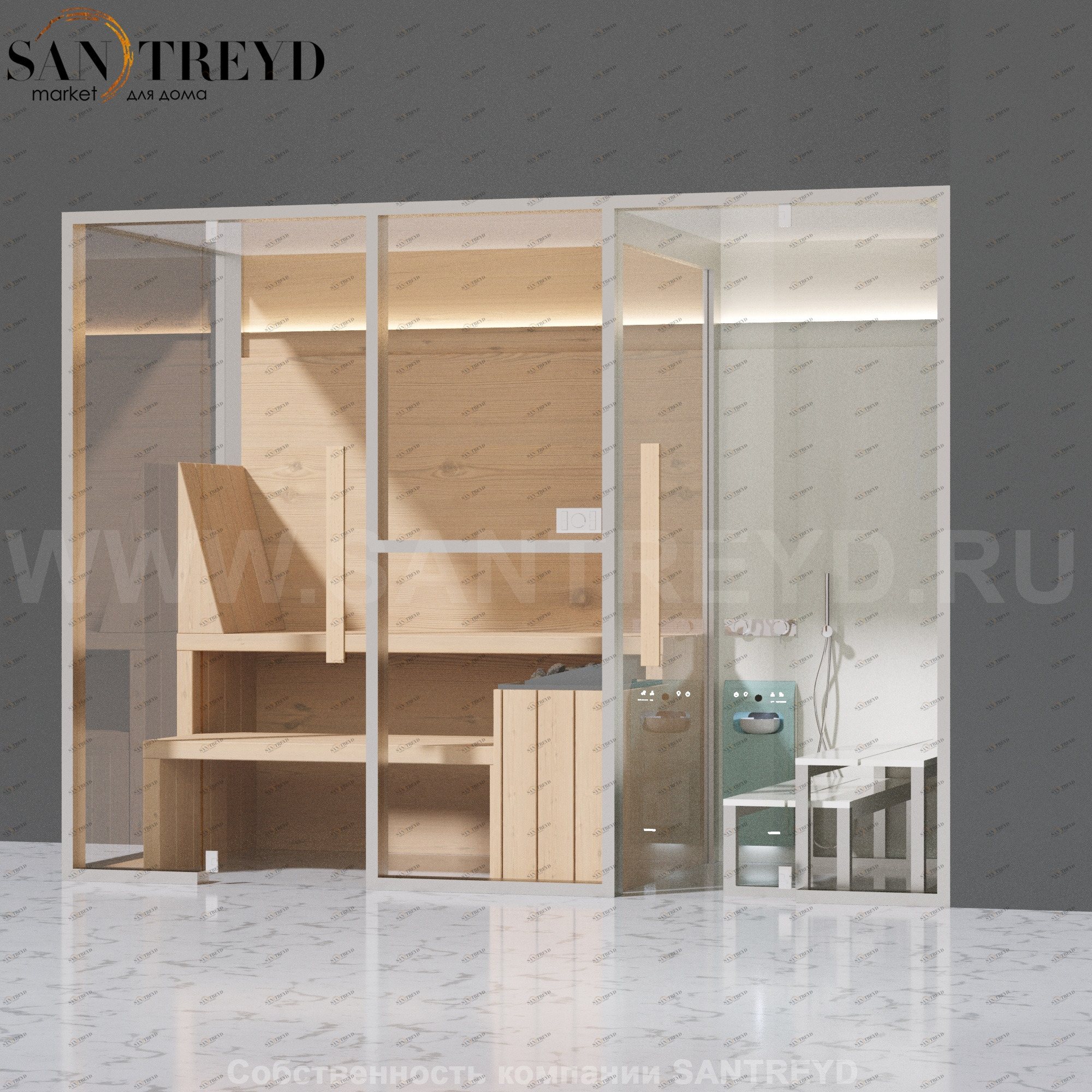 Effegibi MIDFILO LO71020003 Комбинированная баня: хаммам - душ и сауна. Установка: в правый угол. Мощность: 11 кВт макс. Размеры: длина 300 см, ширина 137 см. Отделка: канадский хемлок, матовый лакированный коричневый аллюминий и темный ламинат из керамог