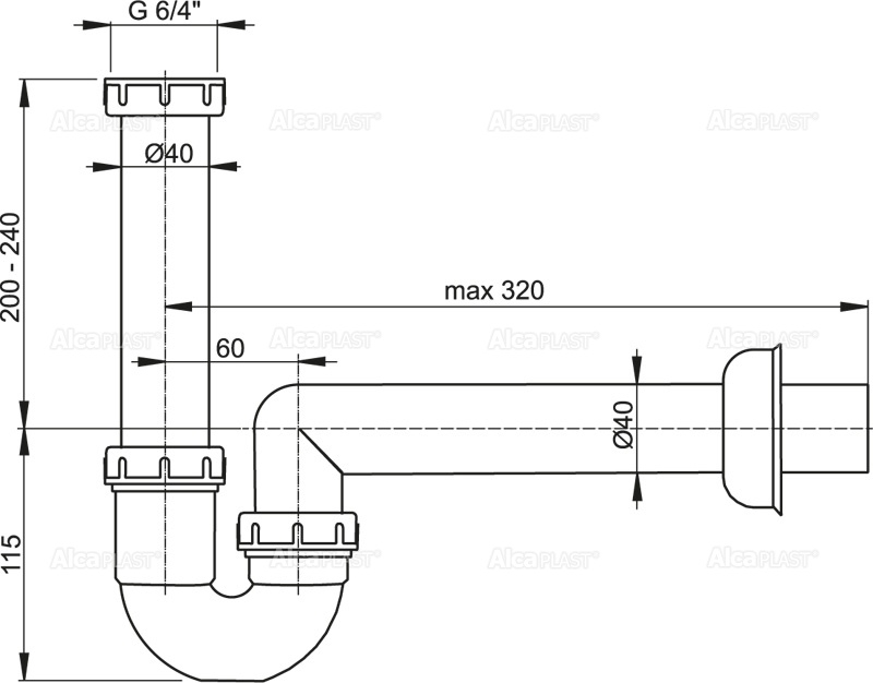 Сифон трубчатый с накидной гайкой 6/4" ALCAPLAST A80DN40 - Вид №1