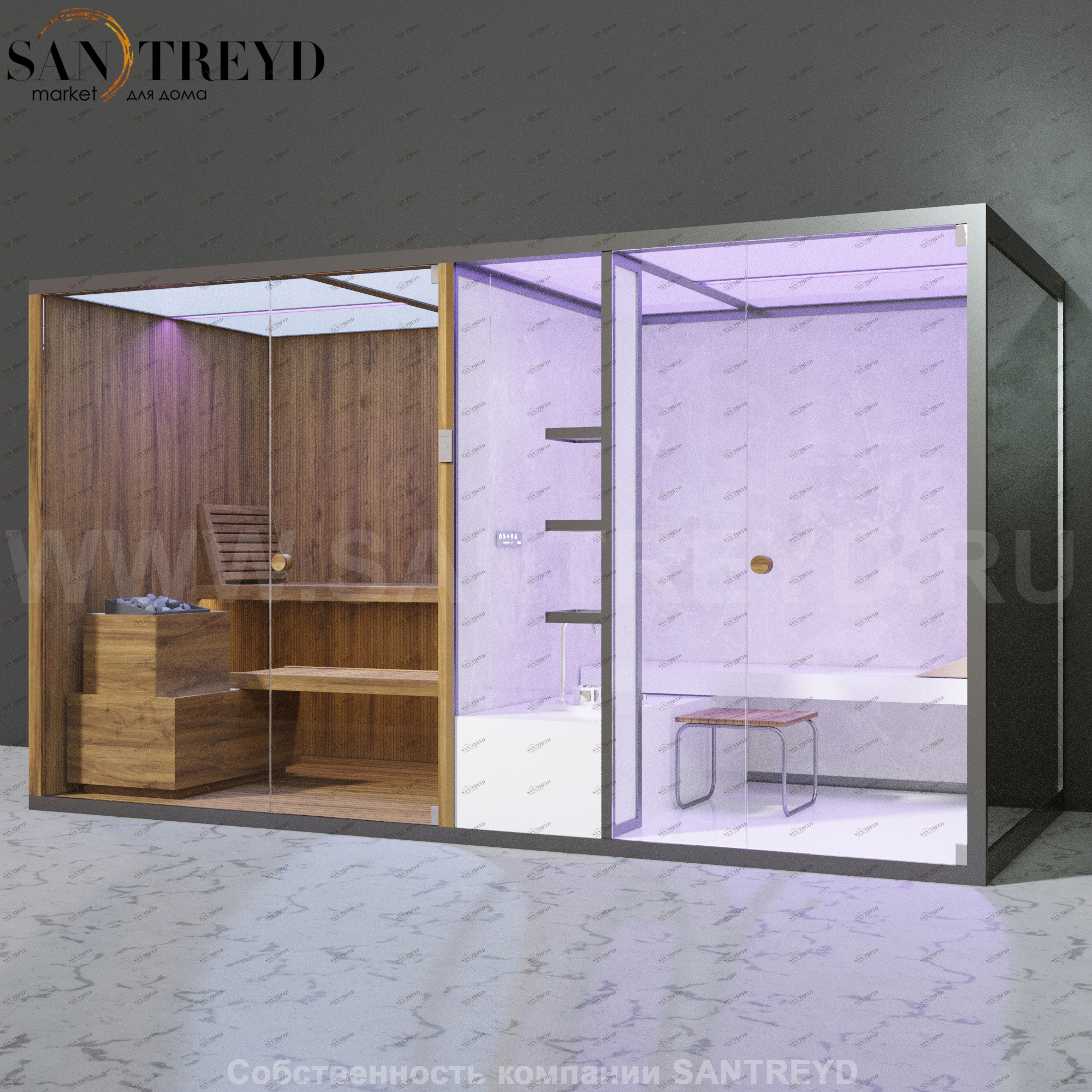 Effegibi BODYLOVE SH BL40210007 Фронтальная комбинированная баня: хаммам и сауна. Установка: к стене. Мощность: 15 кВт макс. Размеры: длина 393 см, ширина 176 см. Отделка: термообработанная древесина, светлый керамогранит и зеркало.