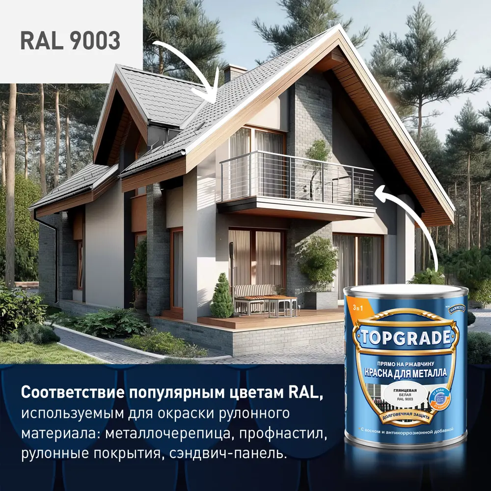 Грунт-эмаль по металлу 3 в 1 Topgrade гладкая цвет белый 0.75 л STLM-2015433 - Вид №4