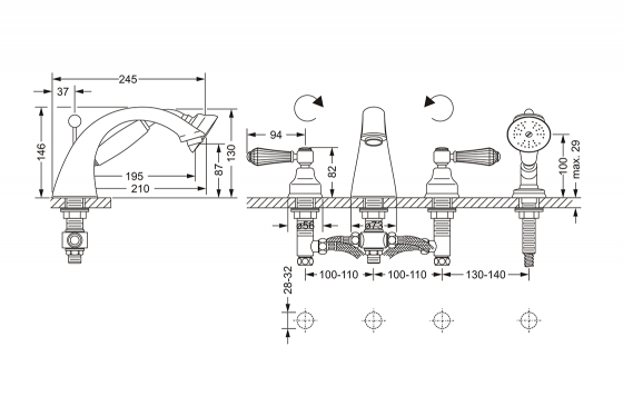 Смеситель для ванны на 4 отверстия ½“, монтаж на борт ванны JOERGER Delphi Deco 129.40.100.000-AA - Вид №1
