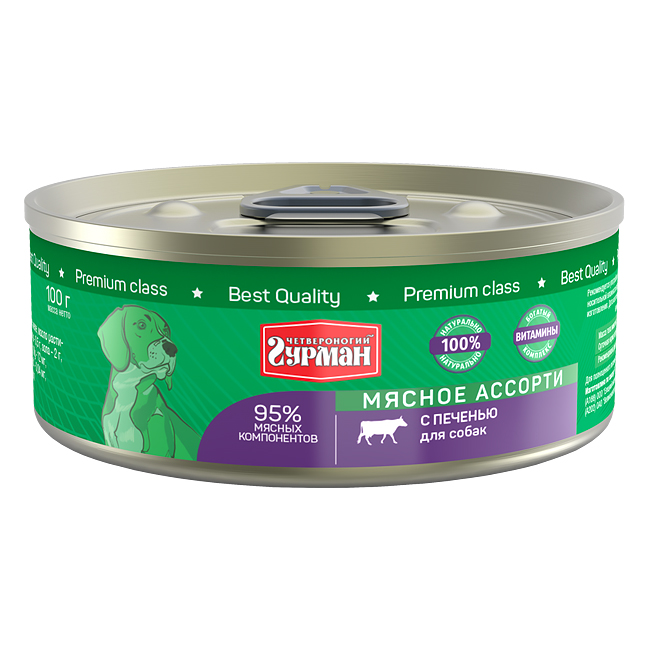 Т0055553 Корм для собак Мясное ассорти печень с кольцом конс. 100г ЧЕТВЕРОНОГИЙ ГУРМАН 
