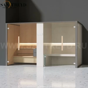 Effegibi LOGICAFILO SH LO41010003 Комбинированная баня: хаммам и сауна. Установка: в левый угол. Мощность: 10,5 кВт макс. Размеры: длина 373 см, ширина 171 см. Отделка: канадский хемлок, матовый лакированный серый аллюминий и бежевый ламинат из керамогран