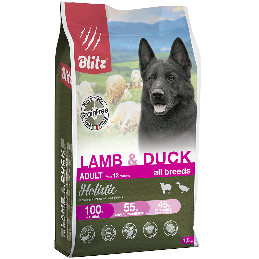 ПР0055619 Корм для собак Holistic беззерновой ягненок, утка сух. 1,5кг Blitz 