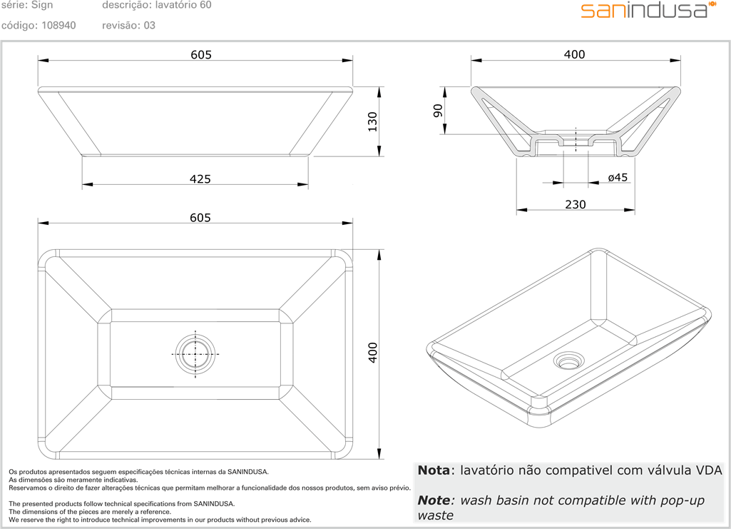 108940004 Накладная раковина на столешницу  прямоугольная Sanindusa  - Вид №1