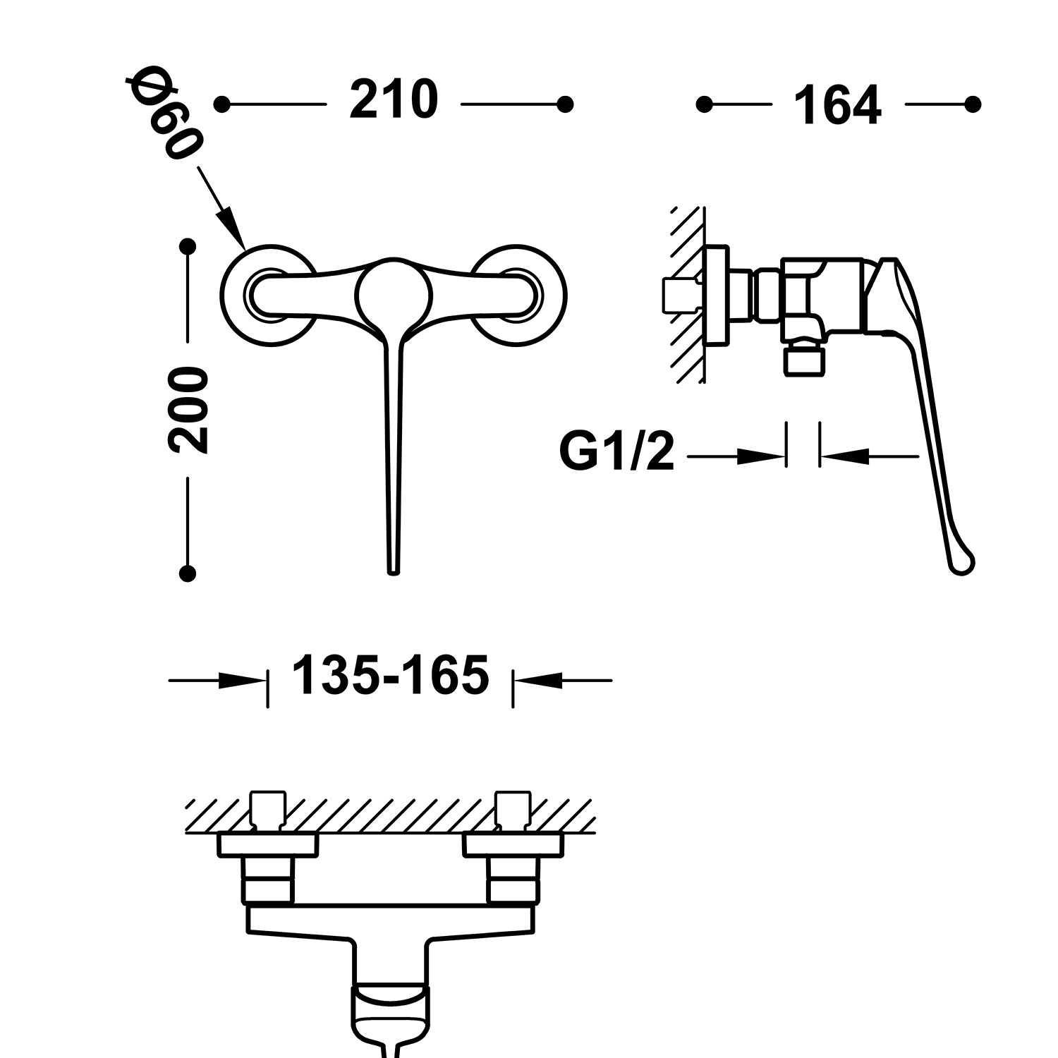 Базовый настенный медицинский смеситель для душа с одной ручкой-2151671011 TRES Base - Вид №1