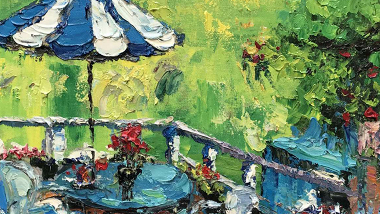 Картина на холсте 100х100 см "Стол на балконе EVENHOME КАРТИНЫ МАСЛОМ 129916 Голубой;зеленый;синий  - Вид №1