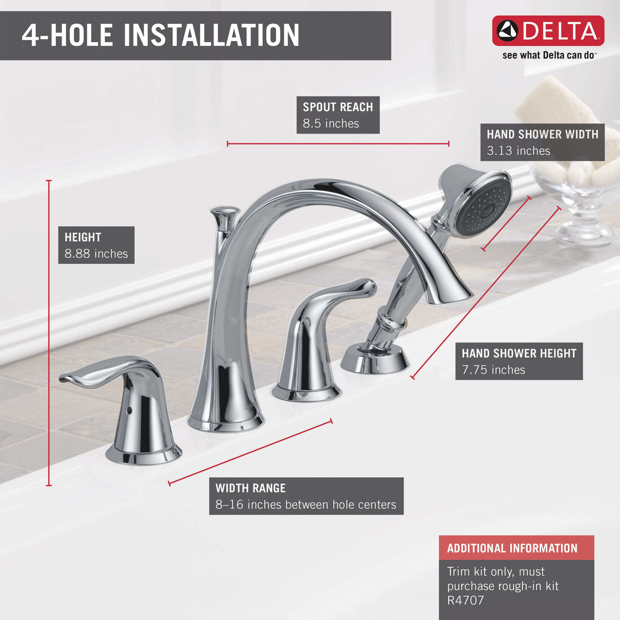 T4738-PT Римская ванна с ручным душем Delta Faucet Lahara Выдержанный оловянный  - Вид №1