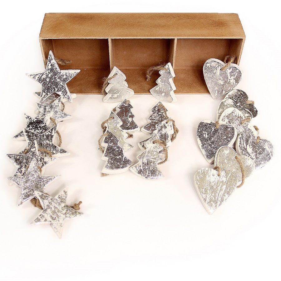en_ny0012 Украшения подвесные silver stars/trees/hearts, деревянные, в подарочной коробке, 24 шт. EnjoyMe  - Вид №2